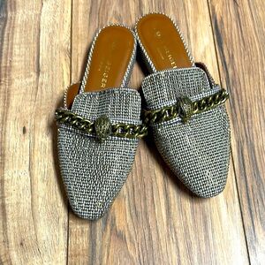 Kurt Geiger gold and cream color slip on loafers. W/ Rhinestone and gold chain.